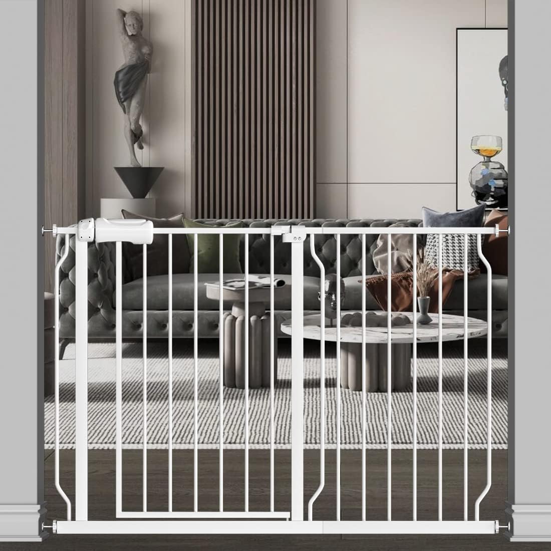 TSAYAWA Walk Through Baby Gate with Door, 43.5-48 Inch Wide Presure Mounted No Drill Metal Auto Close Child Gate for Stair Doorway - Indoor Outdoor Safty Gate for Toddler Dog Doggie, White