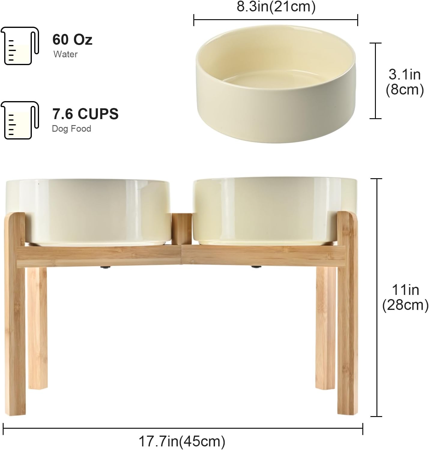 SPUNKYJUNKY Elevated Dog Bowls Ceramic, 8.3'' Dogs Food Water Bowls Raised with Non-Slip Bamboo Stand for Large Sized Breed Microwave Dishwasher Safe - 60 OZ,Beige