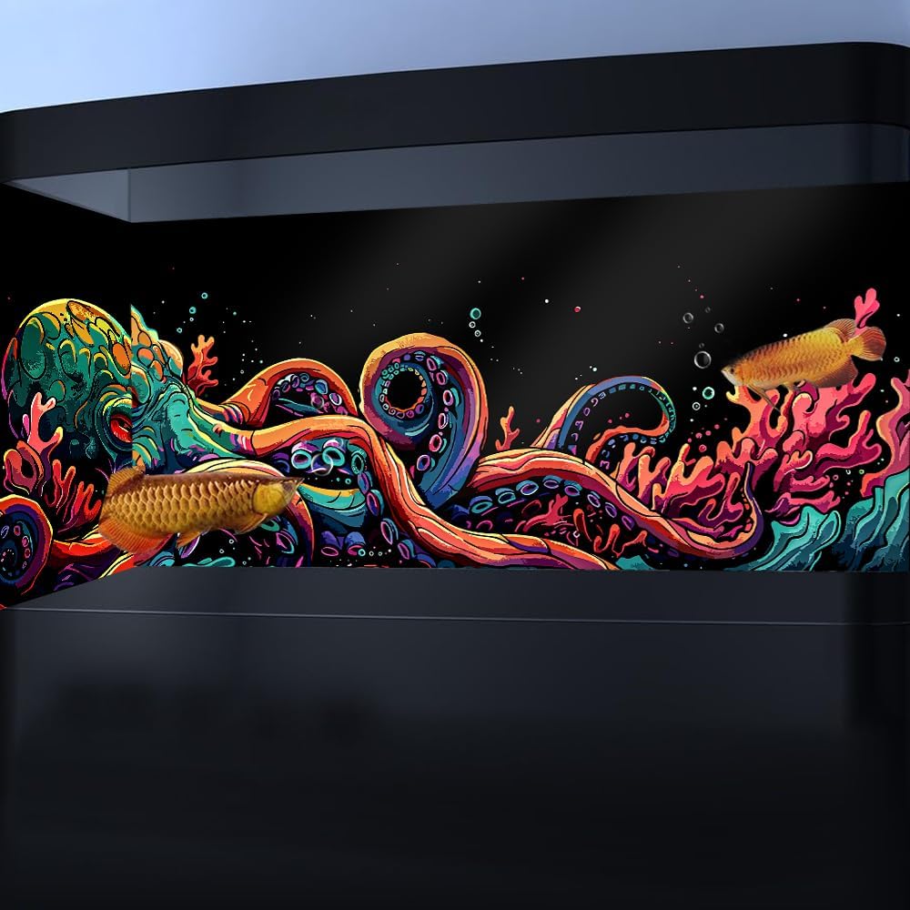 30X12IN Blacklight Octopus Sea Monster HD 3D Black Light Aquarium Background UV Reactive Background Terrarium Background with 10 EVA Double-Sided Tape