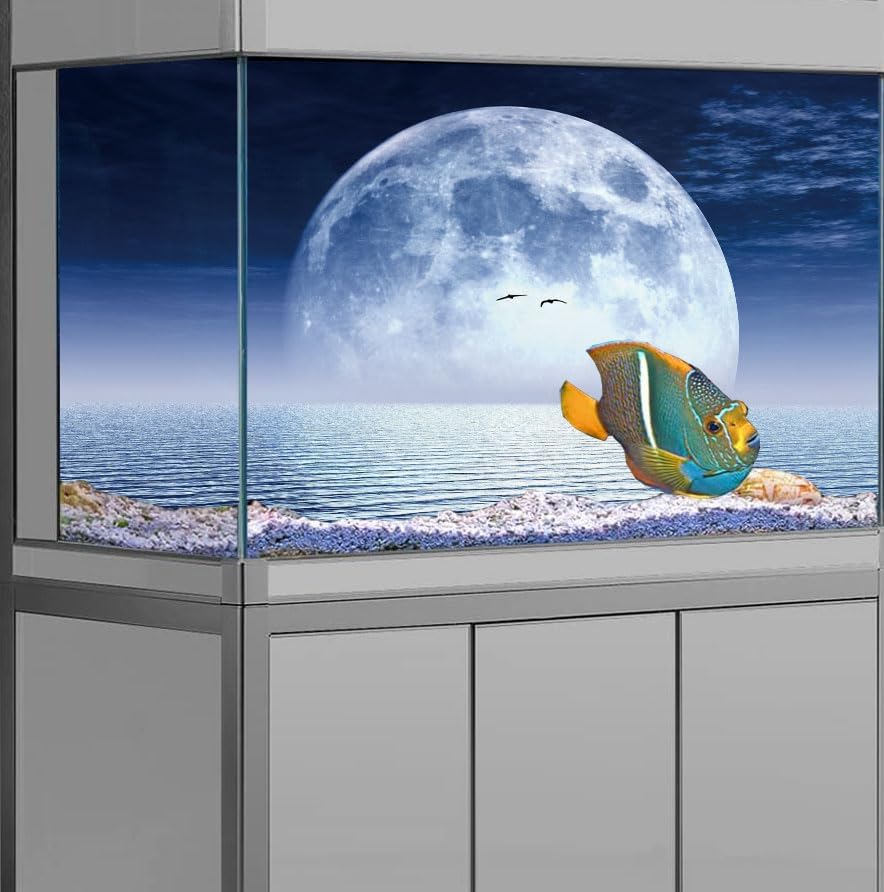 Moon Aquarium Background,Cool Sea Galaxy Parallel Space Themed Fish Tank Background, Cool Terrarium Background 72X16IN with 8 EVA Double-Sided Tape