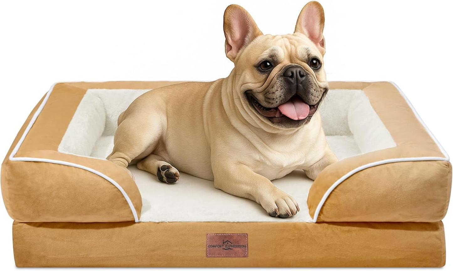 Comfort Expression Small Dog Beds Waterproof Orthopedic Foam Dog Sofa Beds for Medium Dogs Comfy Pet Bed with Washable Removable Cover & Non-Slip Bottom(Small,Khaki)