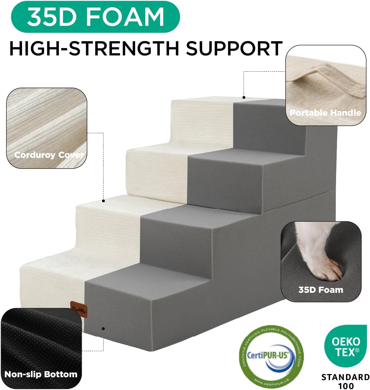 Made4Pets Dog Stairs for Small Dogs, Extra Wide Dog Steps for Bed Couch Sofa and Chair, 35D Foam Pet Steps for Small Dogs and Cats, Non-Slip Bottom Pet Stairs, Beige, 3 Steps