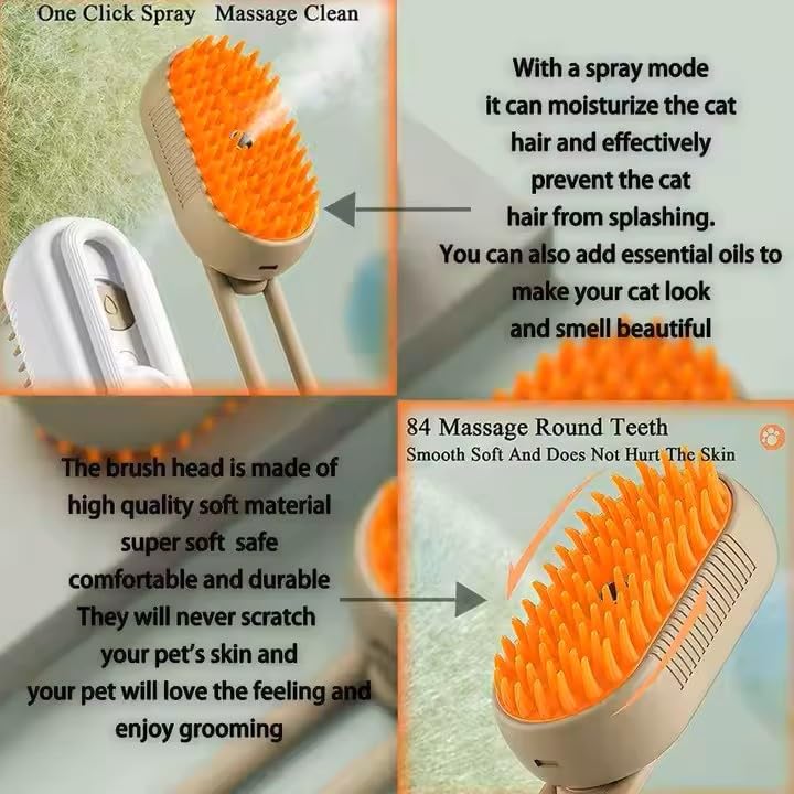 3-in-1 Steam Pet Brush for Cats & Dogs – Self-Cleaning Grooming Comb with Spray Mist, Massage & Shedding, Rechargeable USB, Anti-Static, Foldable Handle – White (WHITE)