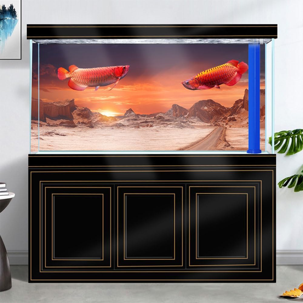 36X24IN Sun and Desert Moon Themed Reptile Habitat on Orange Durable Decorative Background, Terrarium Background with 10EVA Double-Sided Tape