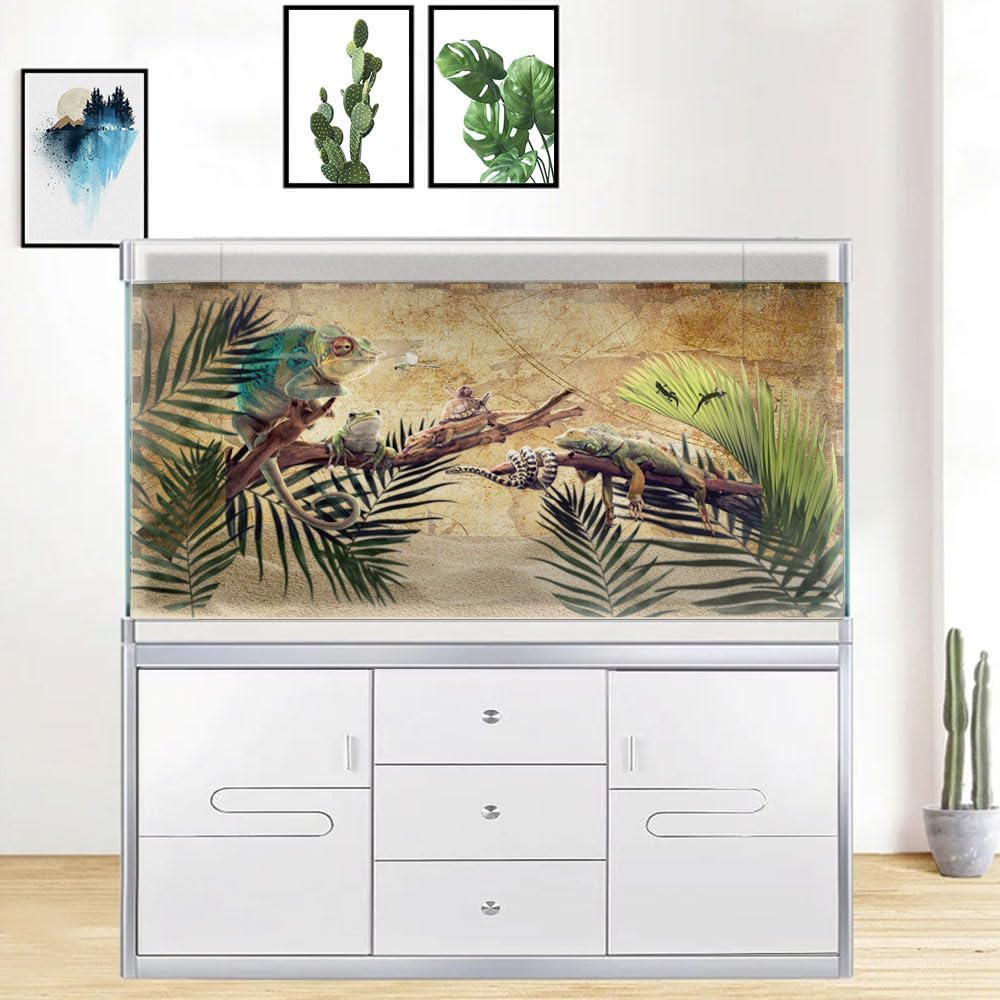 48X24IN Retro Old Travel World Map Terrarium Background, Art Parchment Pirate Treasure Map Reptile Habitat Background with 10EVA Double-Sided Tape