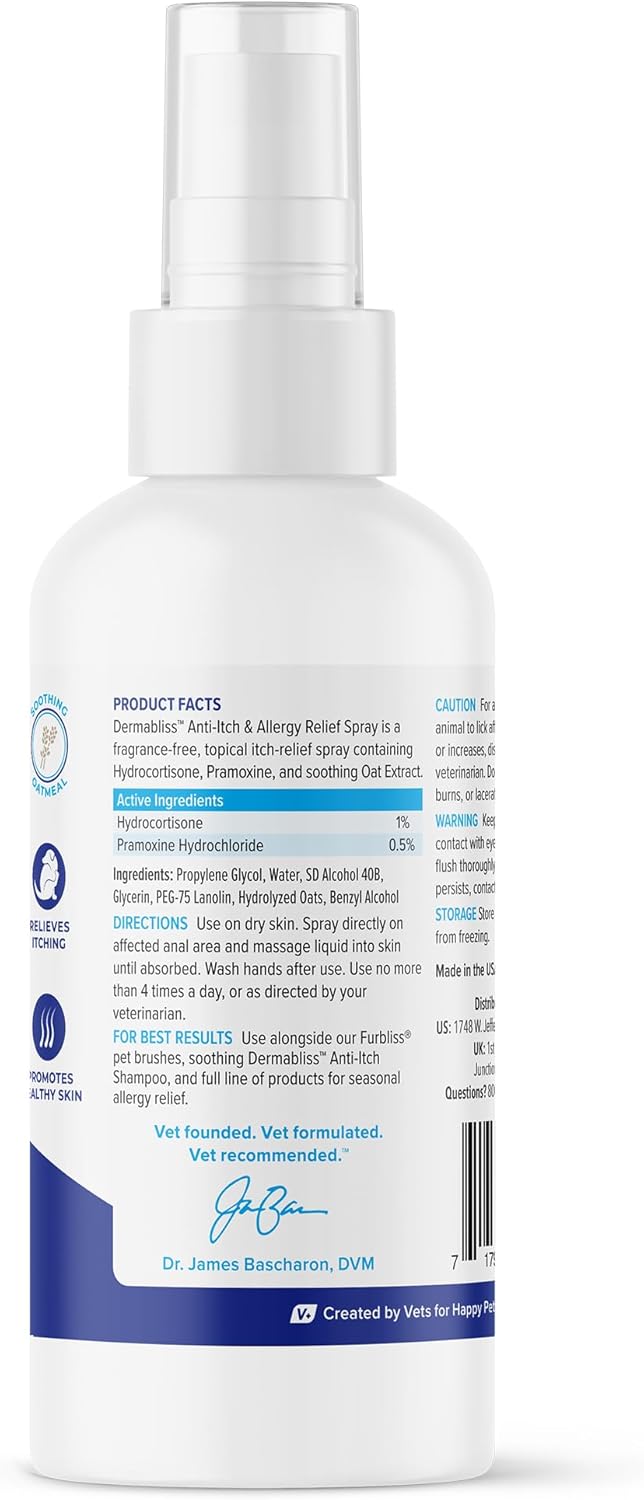Vetnique Dermabliss Anti Itch Spray for Dogs & Cats with Hydrocortisone for Allergies and Immediate Dog Itching Skin Relief - Fragrance Free with Soothing Oat Extract (4oz)