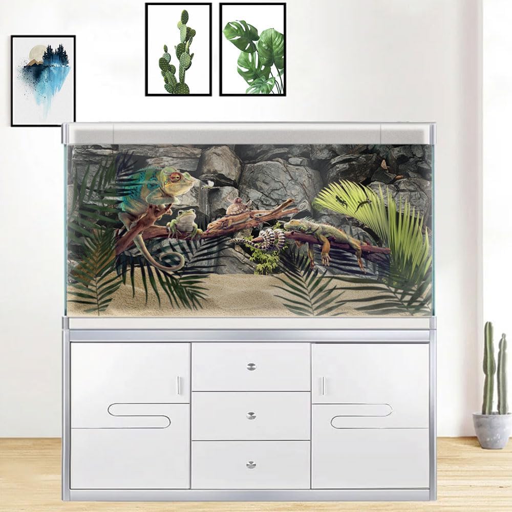 36X24IN Stone Aquarium Background, Rock Fish Tank Background, Natural Rocky Glass Terrarium Background with 8 EVA Double-Sided Tape