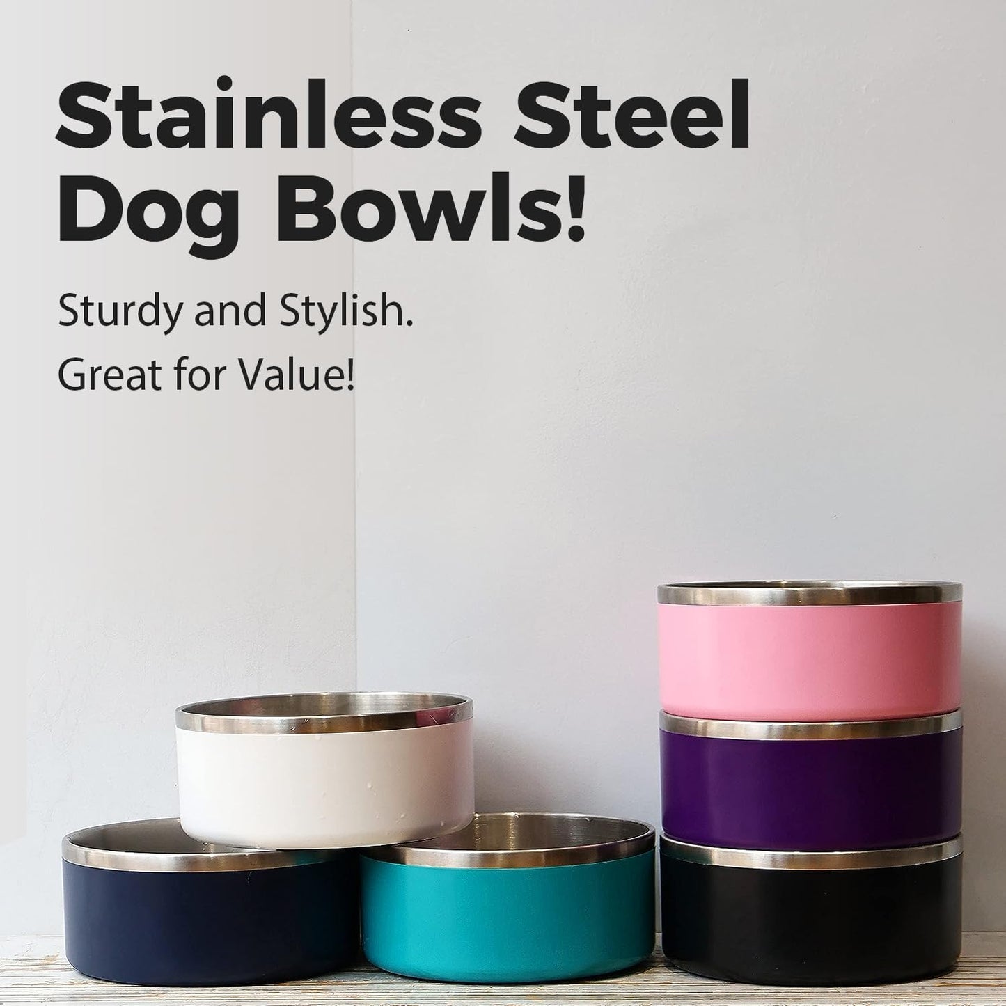 IKITCHEN Dog Bowl for Food and Water, 64 Oz Stainless Steel Pet Feeding Bowl, Durable Non-Skid Double Wall Insulated Heavy Duty with Rubber Bottom for Medium Large Dogs (64 Ounces/8 Cup, Pink)