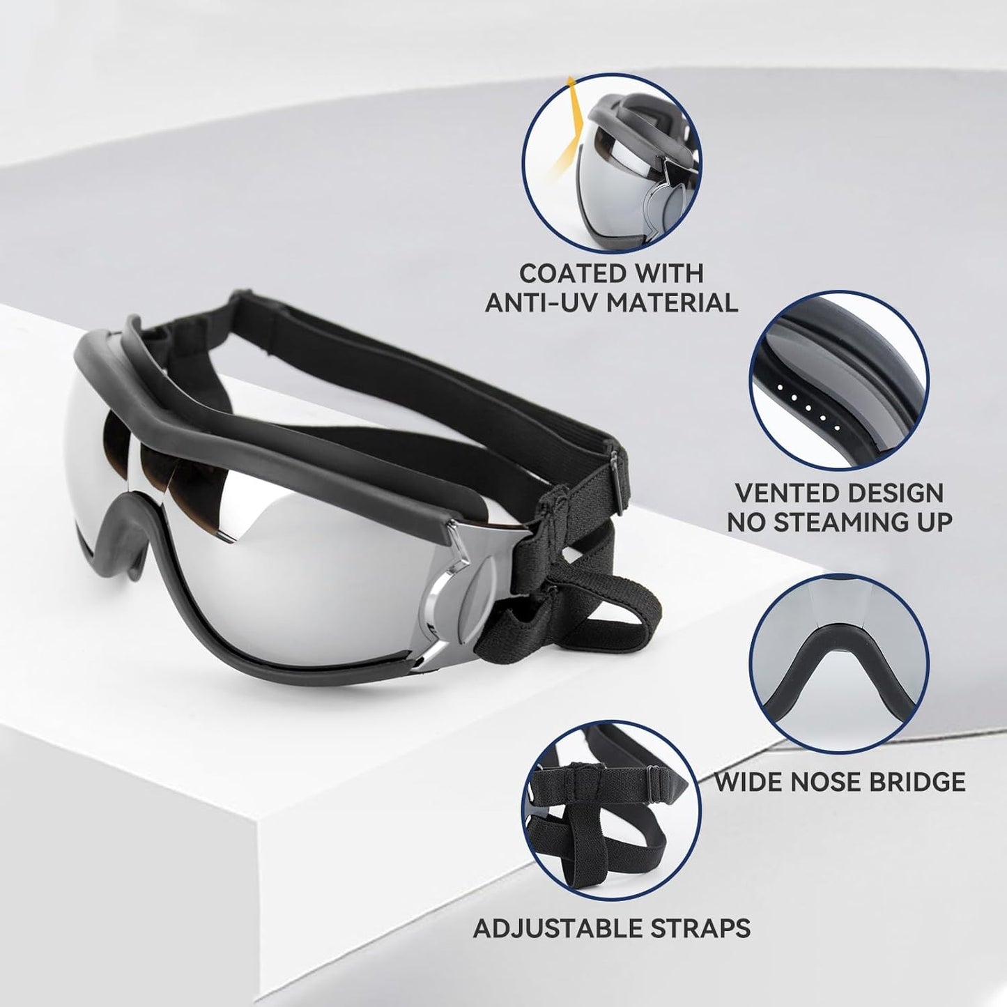 Dog Goggles Dog Sunglasses for Medium to Large Breed Anti-UV Eye Protection with Adjustable Straps- Silver