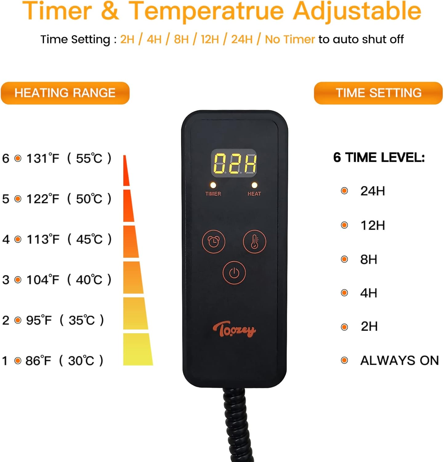 Toozey Pet Heating Pad, 6 Adjustable Temperature Heated Cat Bed with Timer, Waterproof Electric Heated Mat for Dogs and Cats, Chew Resistant Cord, Safe Indoor Use, 18x16in