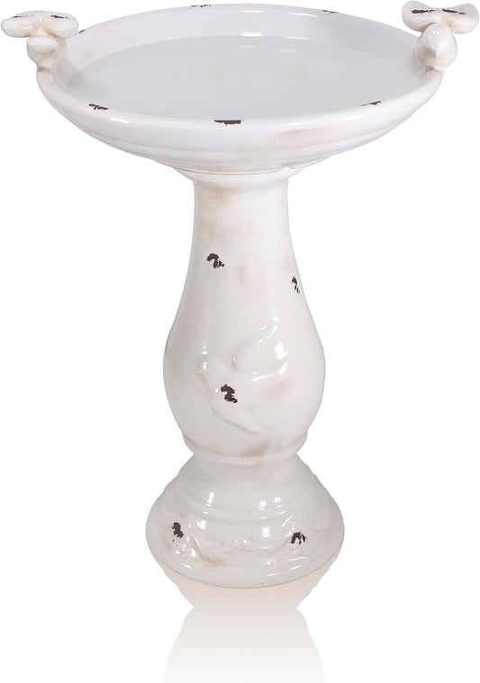 Alpine Corporation TLR102LBR 25" Outdoor Antique Ceramic Birdbath with Bird Figurines, Pedestal Bird Bath for Garden, Patio, Yard, or Deck Décor, Durable Weather-Resistant, Light Brown