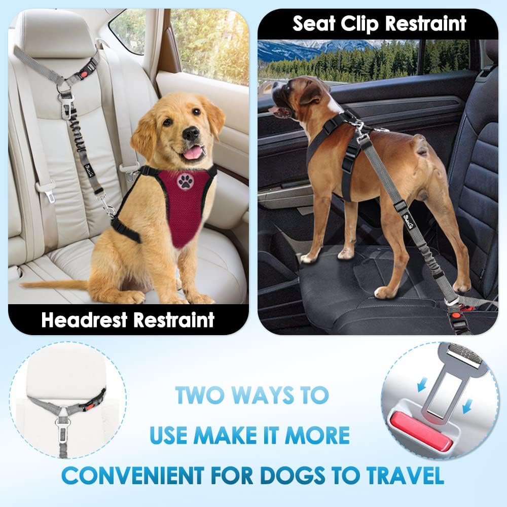 SlowTon Dog Seat Belt for Car, 2 Pack Dog Car Harness Seatbelt Adjustable with Elastic Bungee Buffer, 2 in 1 Pet Car Leash Headrest Restraint Dog Reflective Safety Tether (Grey, Headrest+Clip)