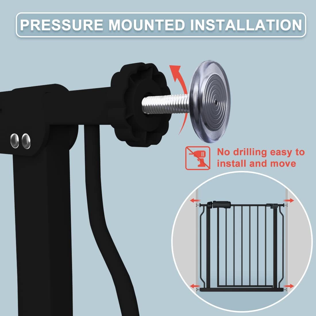 Extra Wide Baby Gate Black 34-38.5 Inch Wide Walk Through Pressure Mounted No Drill Long and Large Tension Metal Gate for Dog and Toddler