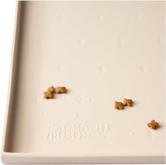 Leash Boss Beige Silicone Dog Feeding Mat & Cat Bowl Placemat - XL 25" x 17" Beige Diamond Pattern - Waterproof Non-Slip Silicone Pad with Raised Edges - Pad for Water Bowls