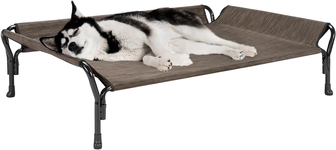 Veehoo Cooling Elevated Dog Bed, Raised Pet Cot with Guardrail & Slope Headrest, Durable Breathable Teslin Mesh, Non-Slip Feet, Washable Dog Couch Bed for Indoor & Outdoor, Large 47" x 32", Brown