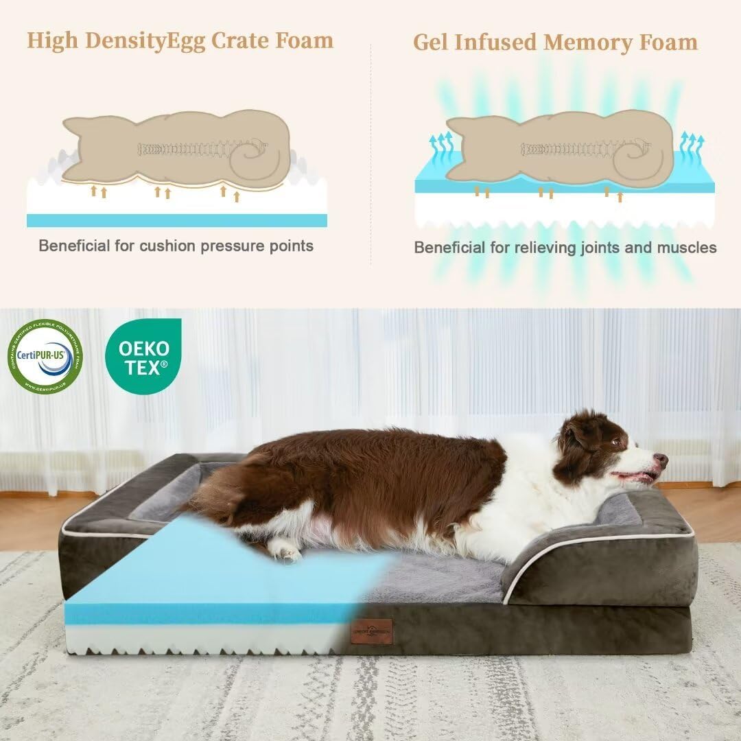 Comfort Expression Orthopedic Memory Foam Dog Beds, Waterproof Dog Beds Large Sized, Washable Dogs Beds with Removable Cover, Pet Sofa Couch with Bolster(Large,Olive Green)