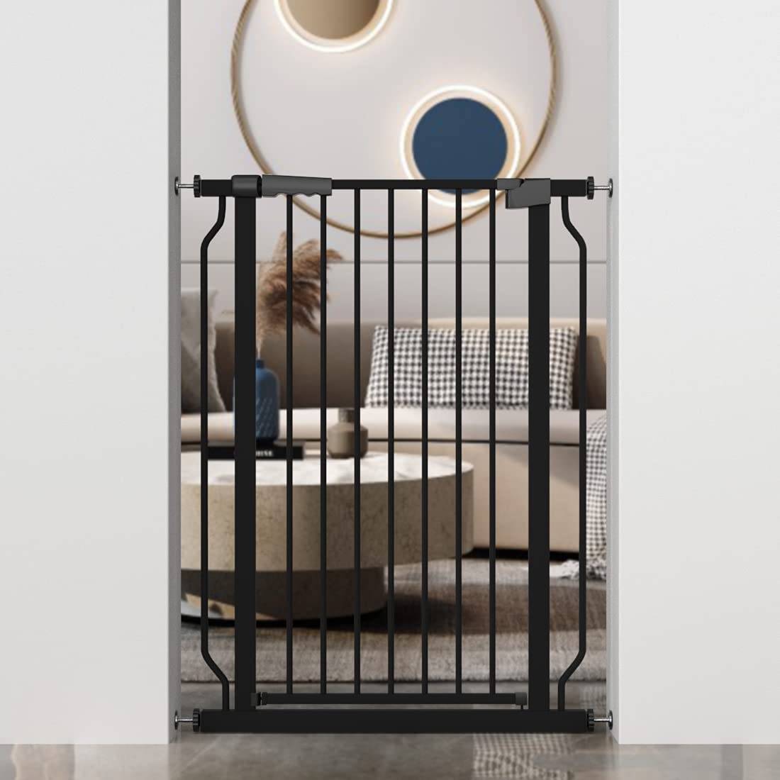 WAOWAO Extra Tall 40.55" Baby Gate 29.53"-32.68" Wide Pressure Mounted Walk Through Swing Auto Close Safety Black Metal Toddler Child Dog Pet for Indoor Stairs,Doorways,Kitchen