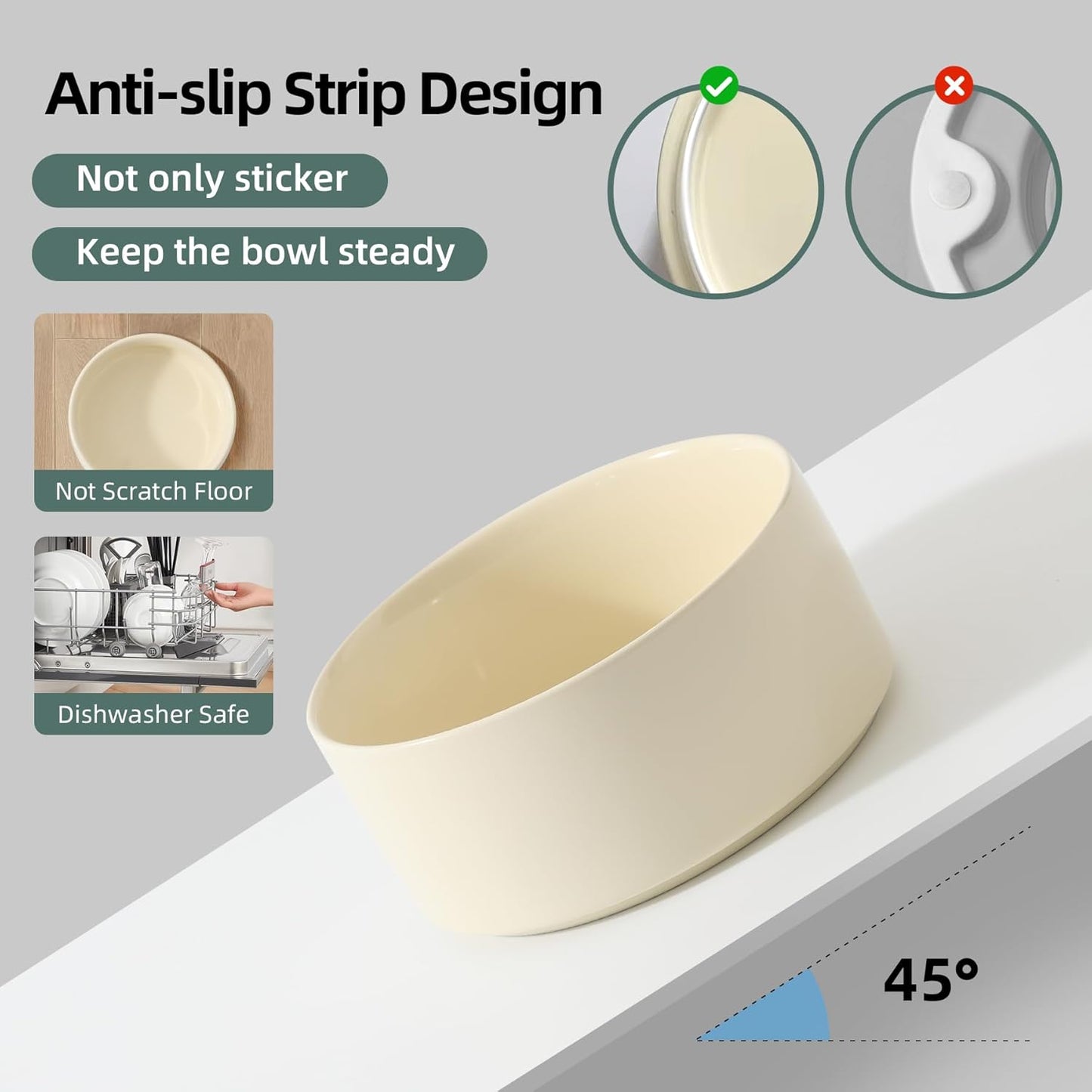 Ceramic 8.2inch Raised Dog Bowl with Stand for Large- Breed Dogs, Pet Food and Water Feeder (Double Bowl with Stand - Beige)