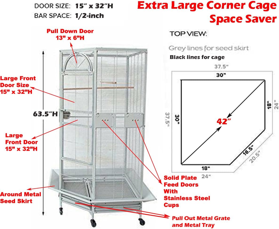 64" Extra Large Corner Bird Flight Breeding Wrought Iron Rolling Parrot Cage Side Solid Metal Plate Feed Doors Pull Out Removable Grate and Tray with Around Metal Seed Guard