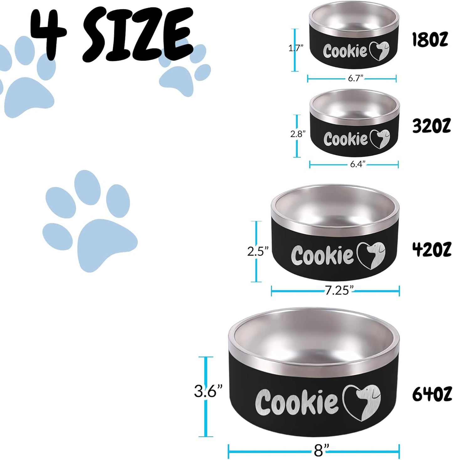 18OZ Personalized Dog Bowl Laser Engraved Custom Pet Name 18/32/42/64 oz No Slip Stainless Steel Insulated Bite-resistant Food Water Dishes-White