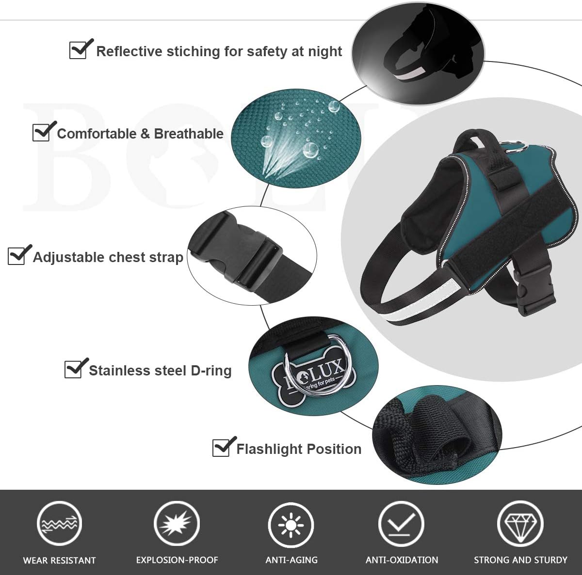 Bolux Dog Harness, No-Pull Reflective Dog Vest, Breathable Adjustable Pet Harness with Handle for Outdoor Walking - No More Pulling, Tugging or Choking (Turquoise, L)