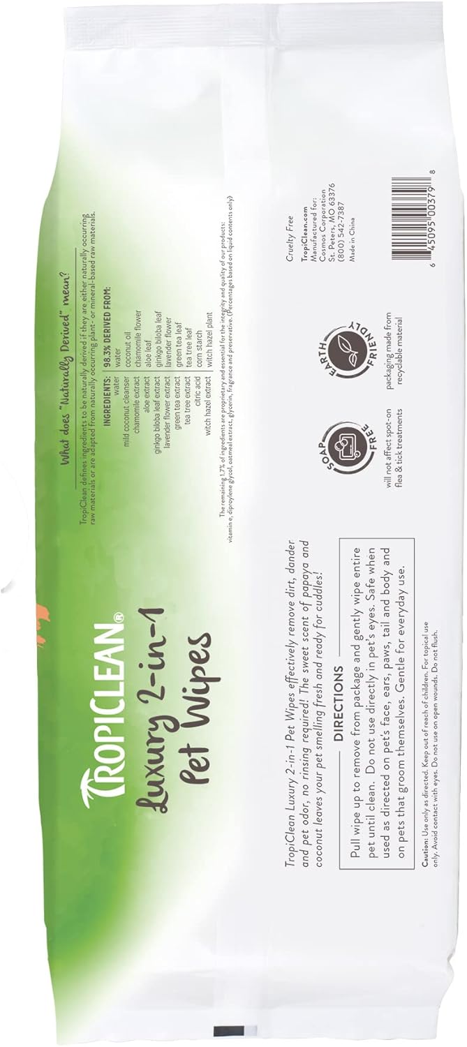 TropiClean Papaya & Coconut Luxury 2-in-1 Pet Wipes, 100ct - Wipes for Dogs & Cats - Gently Removes Dirt, Dander & Smells - for Pet Paws, Face, Body & Bottom - Tropical Papaya & Coconut Scent