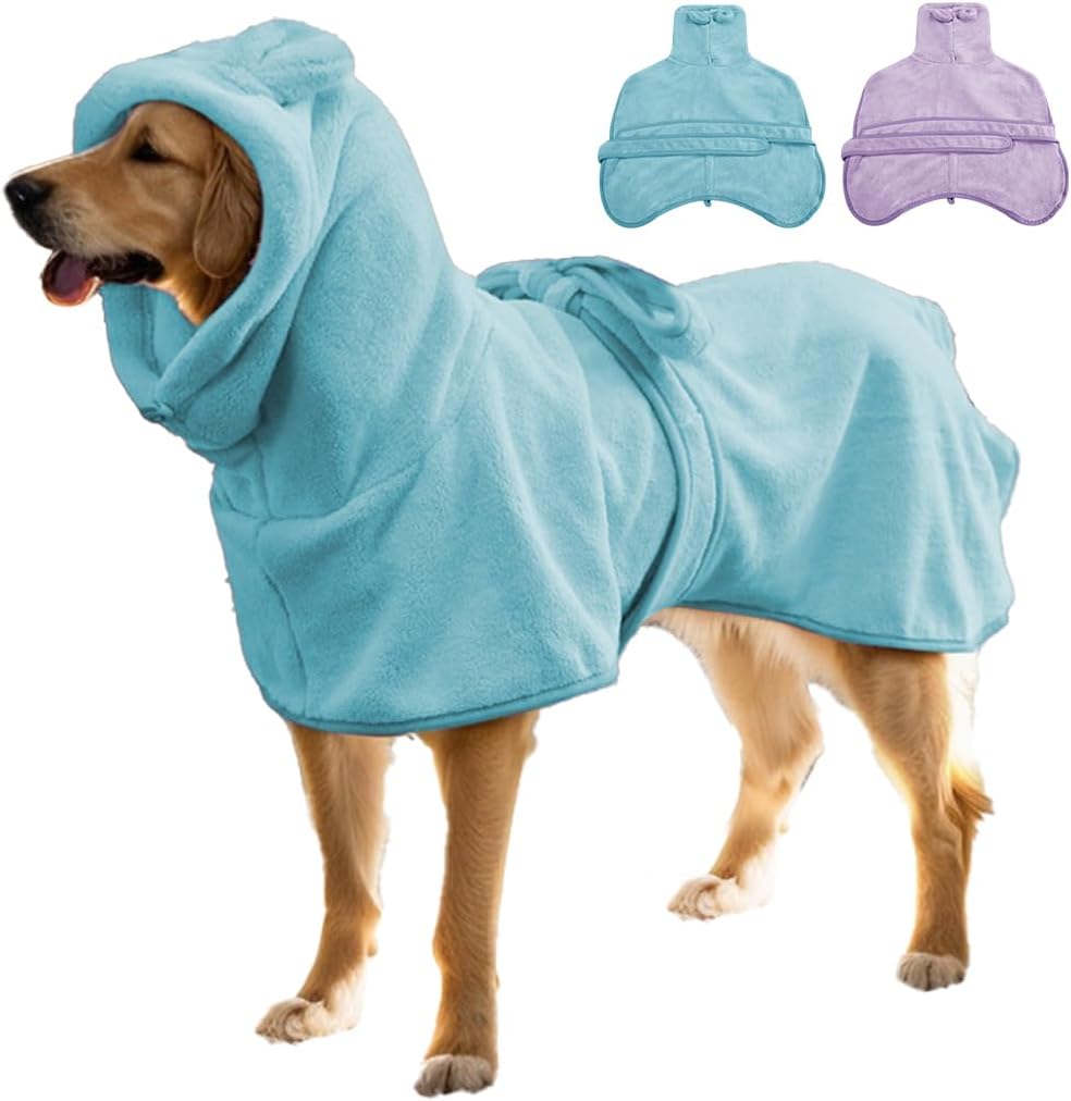 KOOGALSmall to Medium Size Dog Bathrobe, Quick Drying Super Absorbent Used for After Bathing, Warm Dog Towels, Adjustable Hoodies and Belts for Pet Dogs Bath Clothes Products(Blue, L)