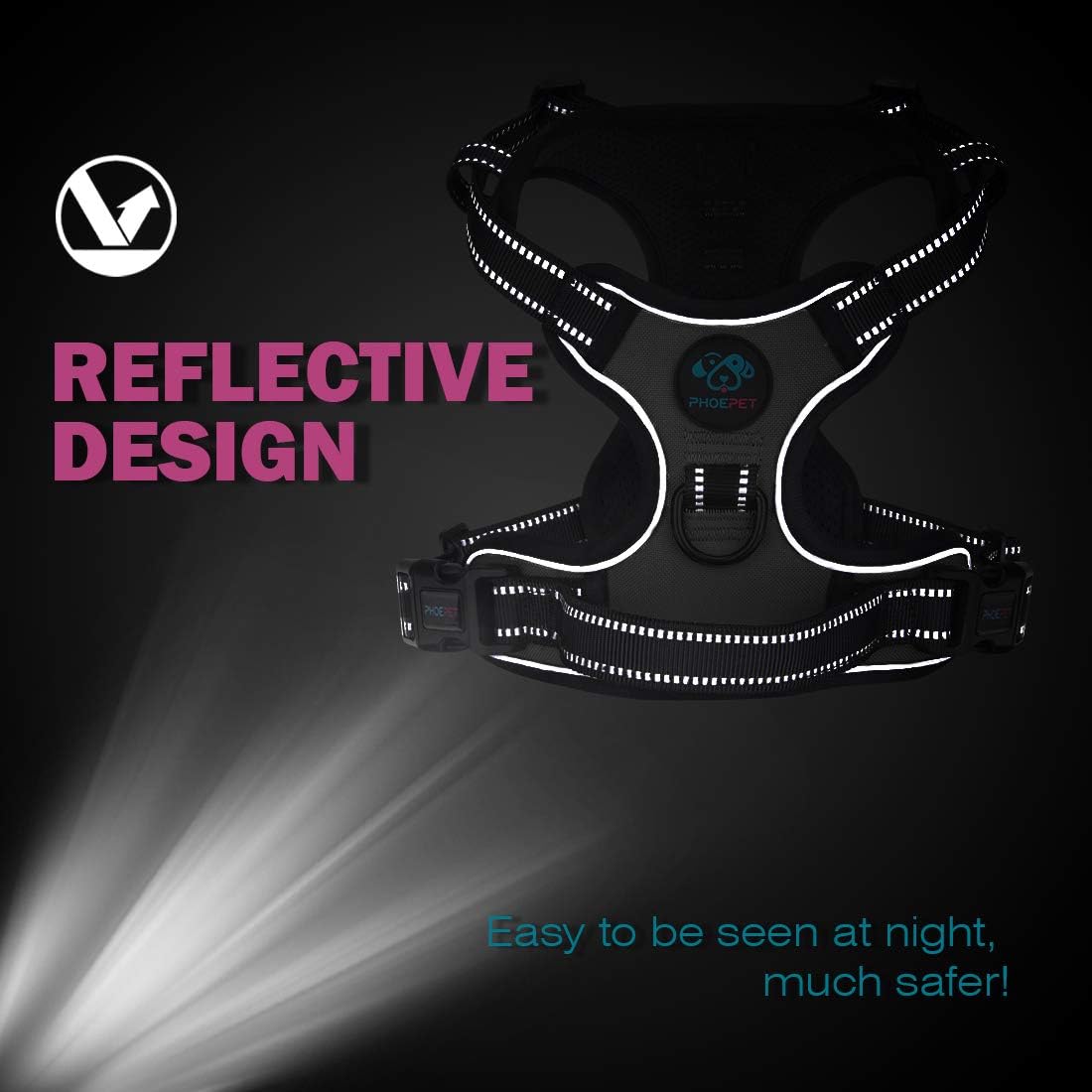PHOEPET Reflective Dog Harness No Pull Large Breed Vest with 2 Metal Leash Attachment Hooks(L, Green)