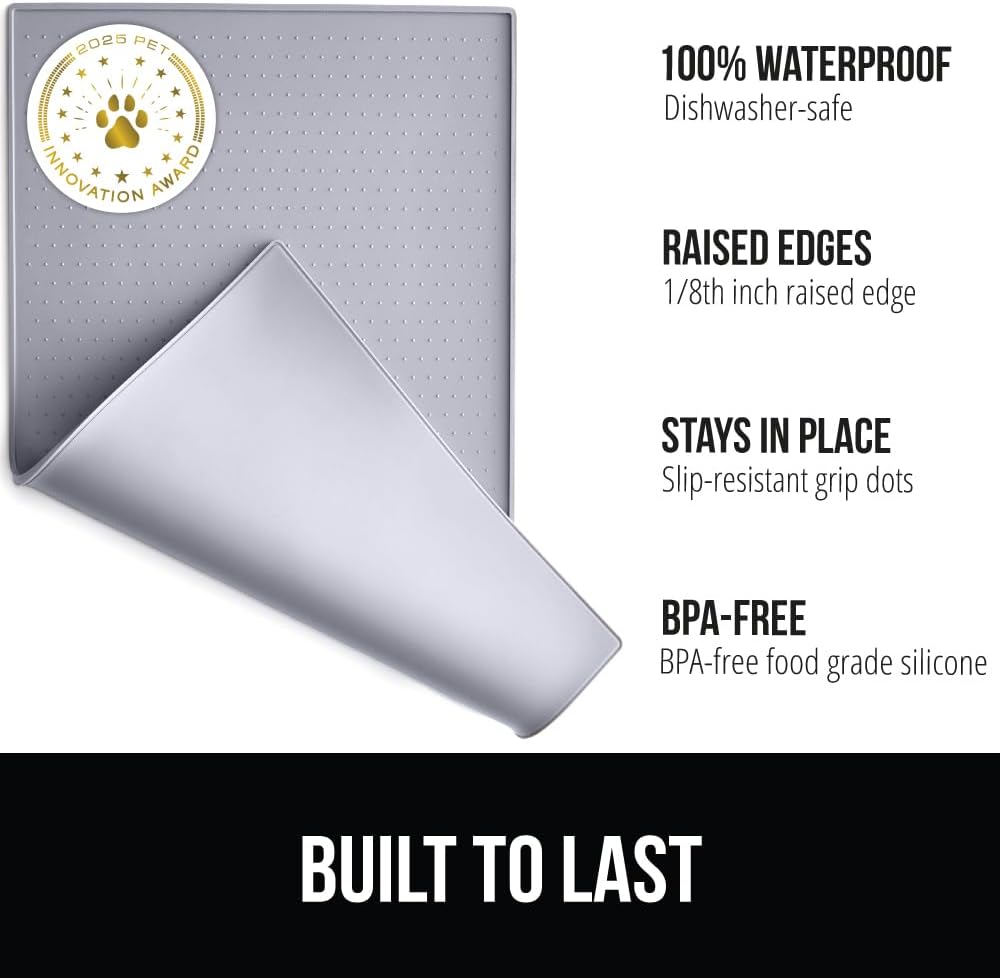 GORILLA GRIP 100% Waterproof Raised Edge BPA Free Silicone Pet Feeding Mat, Dog Cat Food Mats Contain Spills Protects Floors, Placemats for Cats, Dogs Water Bowl, Pets Accessories 32x24 Light Gray