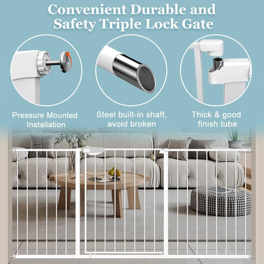 WAOWAO Triple Lock 49.21-66.54" Baby Gate Extra Wide Pressure Mounted Walk Through Swing Auto Close Safety White Metal Dog Pet Puppy for Stairs,Doorways,Kitchen