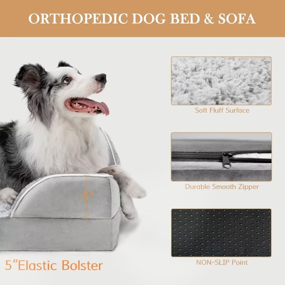 Comfort Expression Cooling Dog Bed, Orthopedic Memory Foam Dog Bed, Jumbo Beds for Extra Large Dogs, Large Breed Dogs Beds Waterproof with Bolster & Removable Cover(Jumbo,Light Grey)