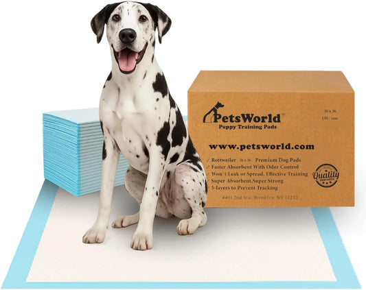 PETSWORLD Giant Dog Potty Pads, Odor-Eliminating, 36" x 36", Ultra Absorbent 5-Layer Leak-Proof Training Pads for Dogs & Cats (36x36, 150 Count)