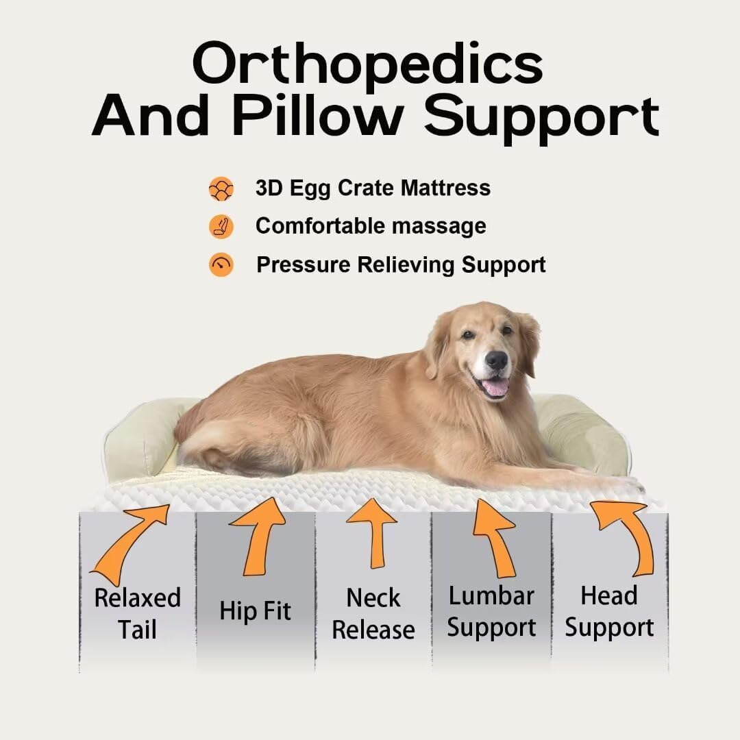 Large Dog Bed Orthopedic Washable - Waterproof with Removable Cover - Memory Foam - XXL Large Big Dogs - Beds Bolster Pet - Couch Sofa - Beige Dog Bed