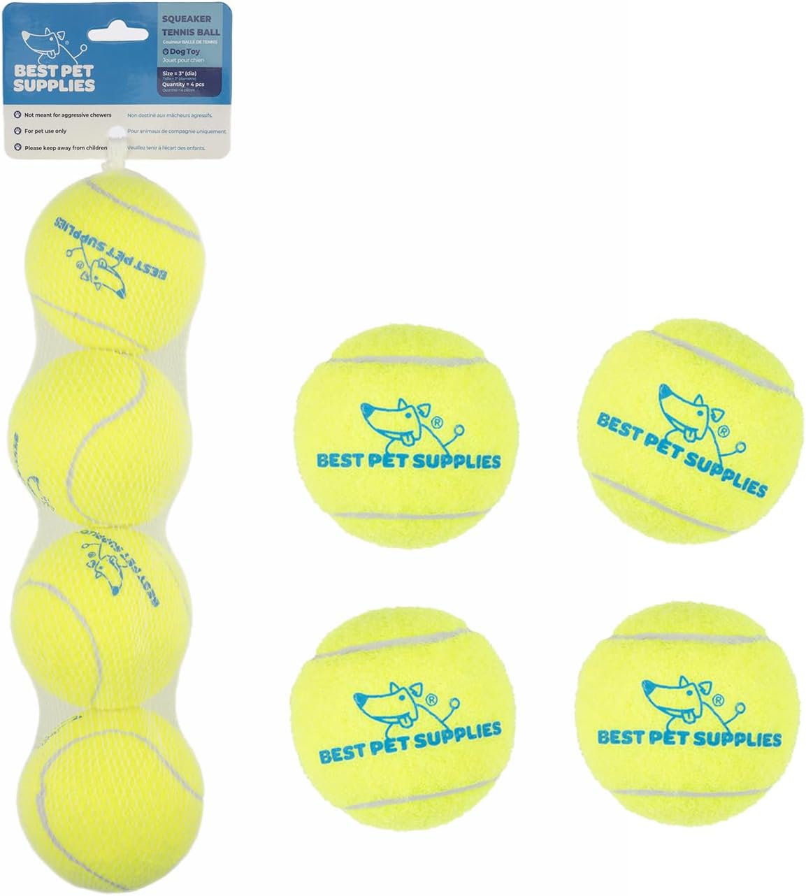 Best Pet Supplies Interactive Squeaky Dog Chew Toy, Ideal Dog Toys for Chewers, Small, Medium & Large Dogs, and Fetch Lovers - Tennis (Yellow), Large (Pack of 4)