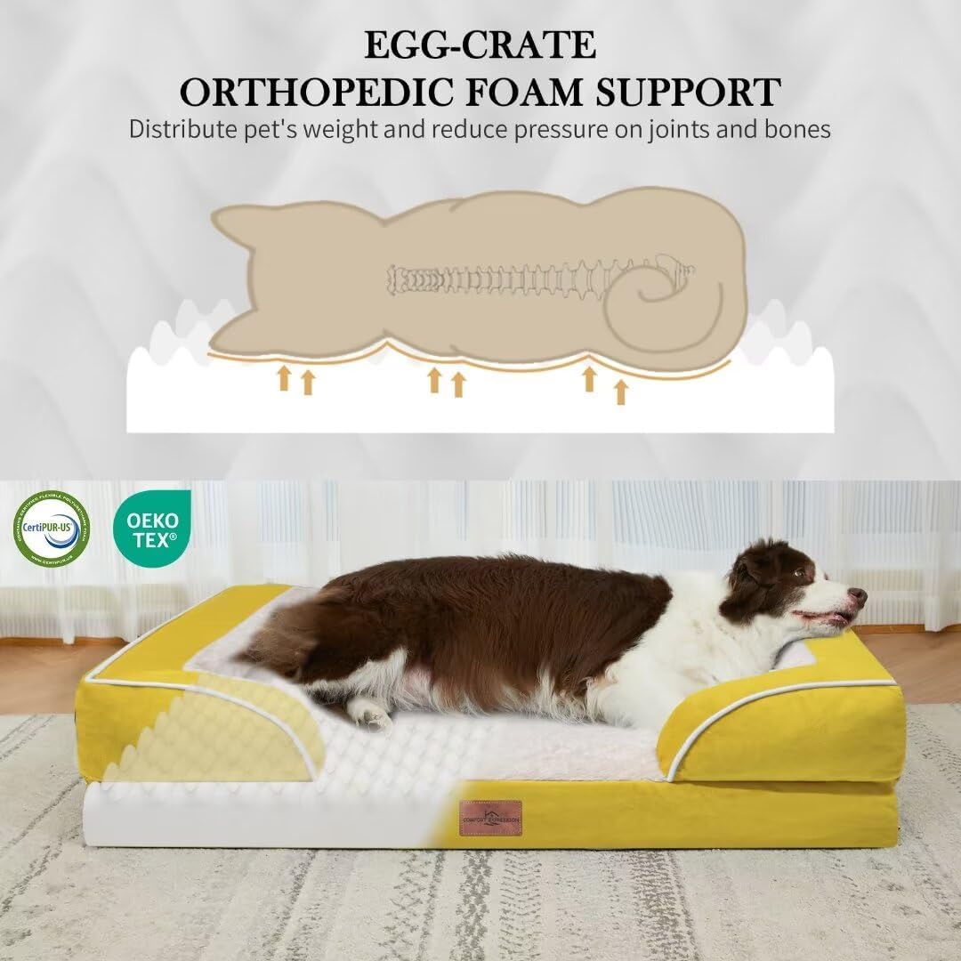 Comfort Expression Orthopedic XL Dog Beds, Waterproof Extra Large Dog Bed with Bolster, Washable Dogs Bed Sofa with Removable Cover & Non-Slip Bottom(X-Large,Spicy Mustard)