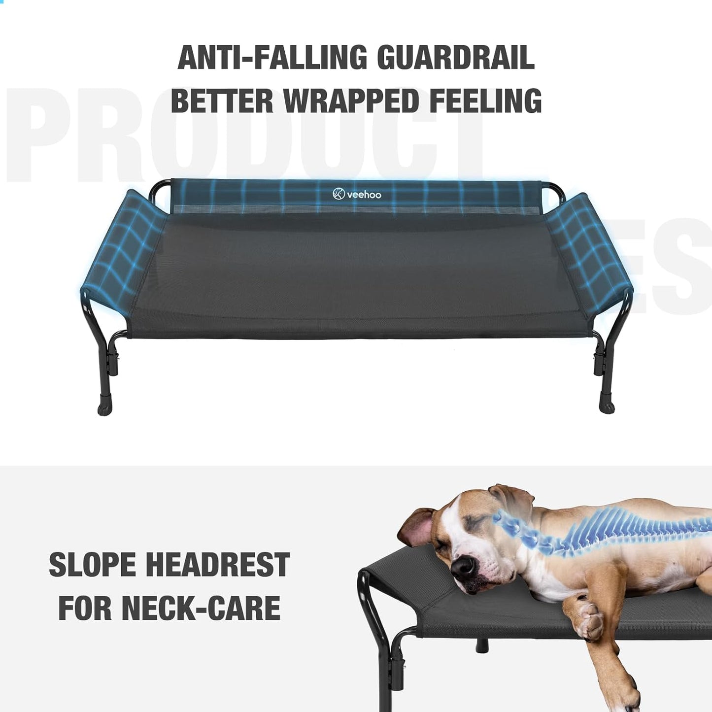 Veehoo Cooling Elevated Dog Bed, XL Raised Pet Cot with Guardrail & Slope Headrest, Durable Breathable Teslin Mesh, Non-Slip Feet, Washable Dog Couch Bed for Indoor & Outdoor, 50.5" x 33.5, Black