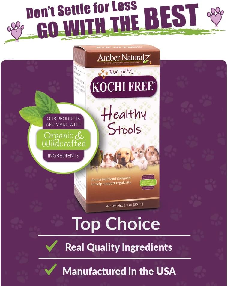 Amber NaturalZ Kochi Free Herbal Supplement for Dogs, Cats, Birds, Guinea Pigs, and Rabbits | Pet Herbal Supplement for Healthy Stool Support | 1 Fluid Ounce Glass Bottle | Manufactured in The USA