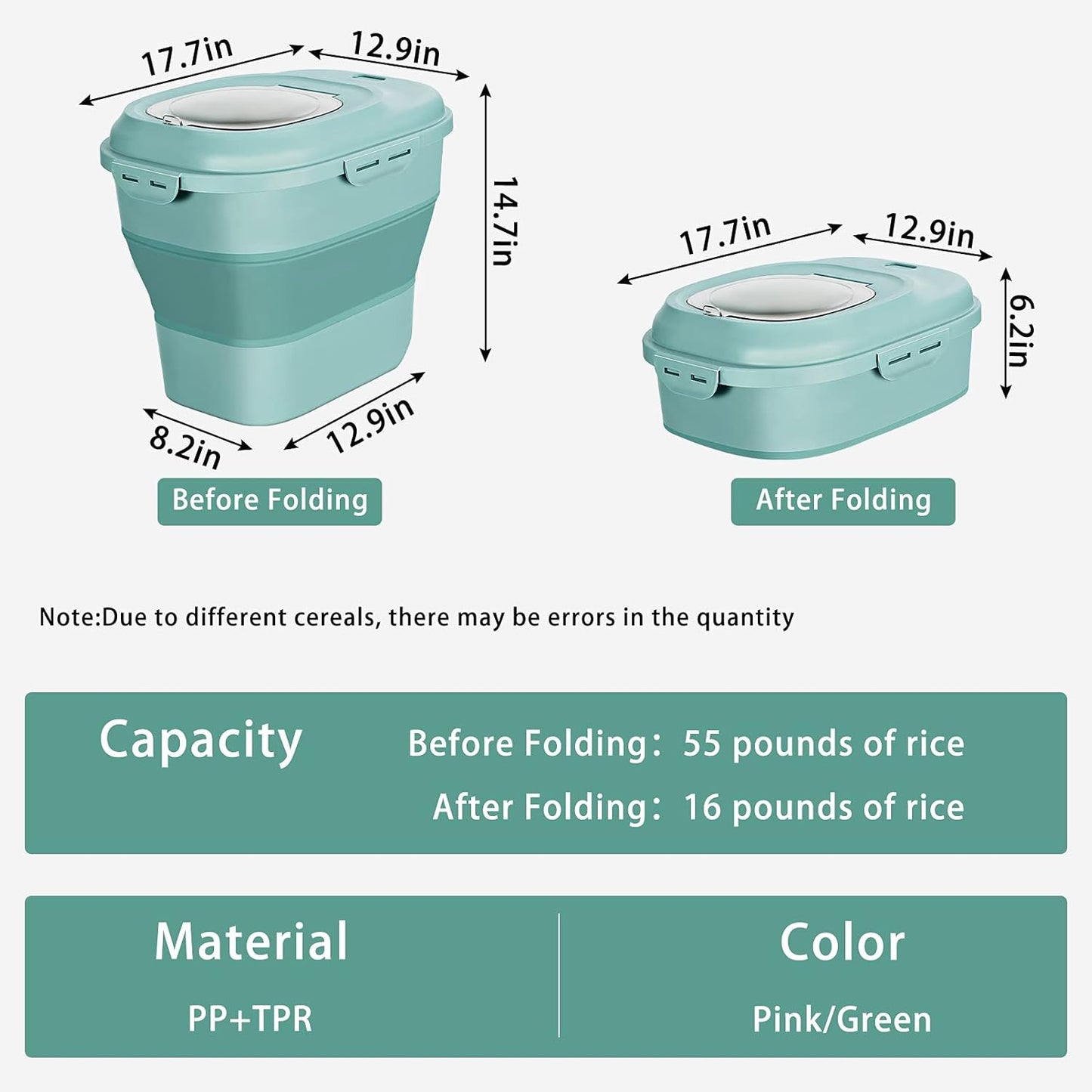 Cereal Rice Food Storage Containers, Collapsible 20 to 50 Lbs Dispenser Bin with Rolling Wheel Airtight Locking Lid, Dog Pet Cat Flour Sugar Plastic Leakproof Sealable Large Kitchen Pantry Holder
