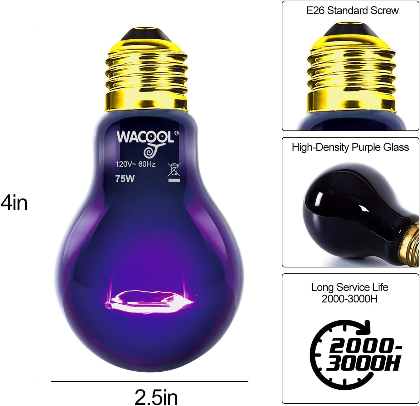 WACOOL 2Pack Reptile Night Heat Lamp, 75W Night Heat Lamp for Reptiles & Amphibians,Simulate Nature Moonlight Purple Night Light for Bearded Dragon Lizard Snake Crab