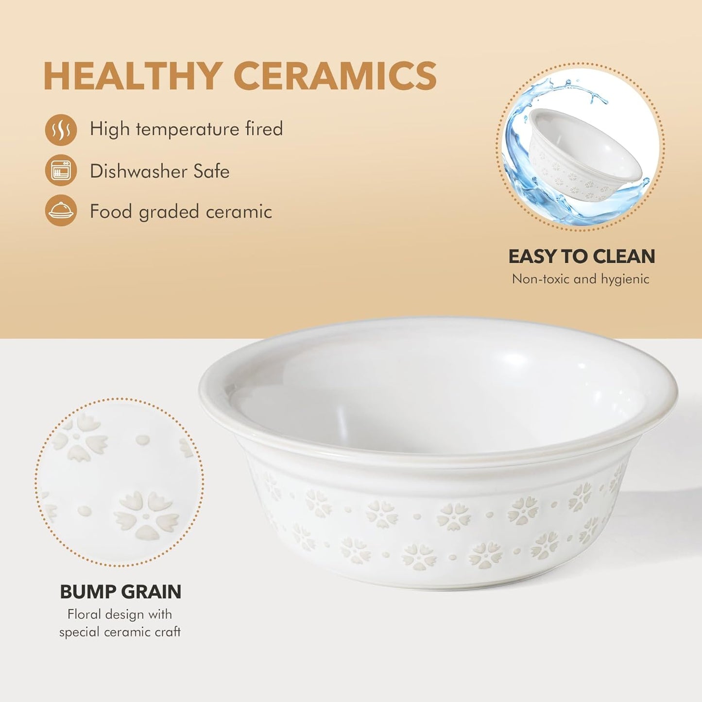 Ceramic 8.7inch Dog Bowl for Large Dog, Basic Food and Water Bowl for Replacement, Wide Opening Rounded Edge(Single Bowls, Reactived Glaze -White)
