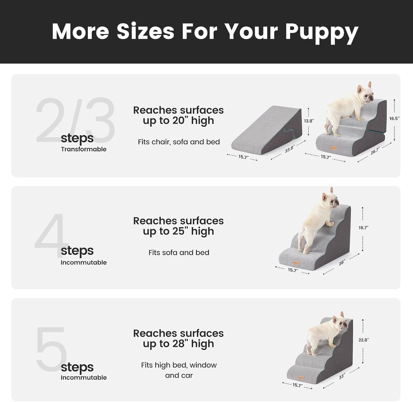 Gardner Pet Dog Stairs for Small Dogs 16.5" H, 2 in 1 Transformable 3-Step Pet Stairs and ramp, Dog Steps for Couch (13-20 in) with Durable Non-Slip Waterproof Cover and CertiPUR-US Certified Foam