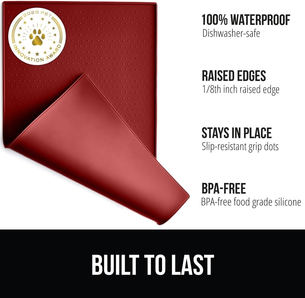 GORILLA GRIP 100% Waterproof Raised Edge BPA Free Silicone Pet Feeding Mat, Dog Cat Food Mats Contain Spills Protects Floors, Placemats for Cats and Dogs Water Bowl, Pets Accessories 28x18 Red