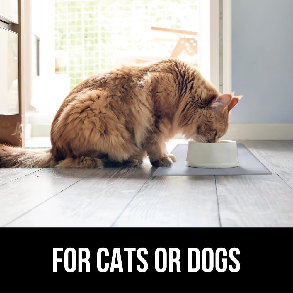 GORILLA GRIP 100% Waterproof Raised Edge BPA Free Silicone Pet Feeding Mat, Dog Cat Food Mats Contain Spills Protects Floors, Placemats for Cats, Dogs Water Bowl, Pets Accessories 28x18 Light Gray