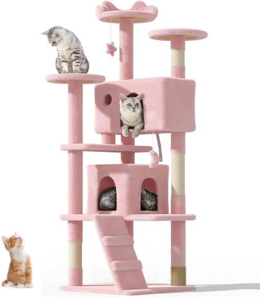 60'' Cat Tree Tower for Indoor Cats Large Adult,Cute/Tall Modern Cat Tree for Big Cats 20 lbs, Plush Multi-Level Cat Condo with Scratching Posts,Dangling for Fun Play (Soft Pink, 60 inch)