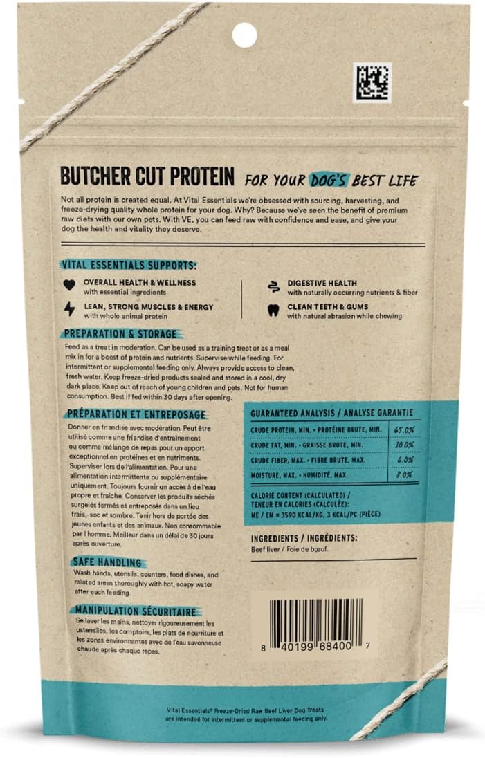 Vital Essentials Beef Liver Dog Treats, 2.1 oz | Freeze-Dried Raw | Single Ingredient | Premium Quality High Protein Training Treats | Grain Free, Gluten Free, Filler Free