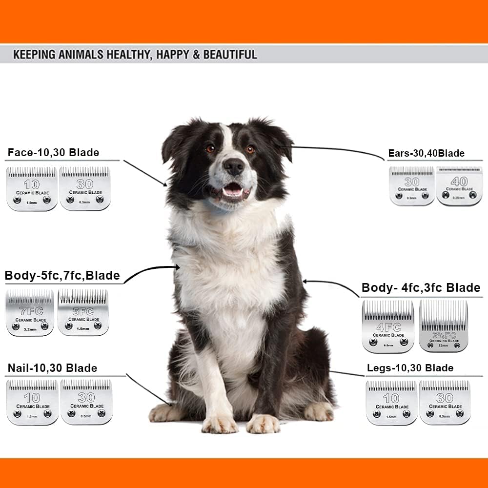 7Pack 10 Blades Dog Grooming Replacement Blades Compatible with Andis Pet Clipper/Oster A5/Wahl KM Series Dog Clipper,Ceramic Blade & Stainless Steel Blade (#10+30+40+3FC+4FC+5FC+7FC)