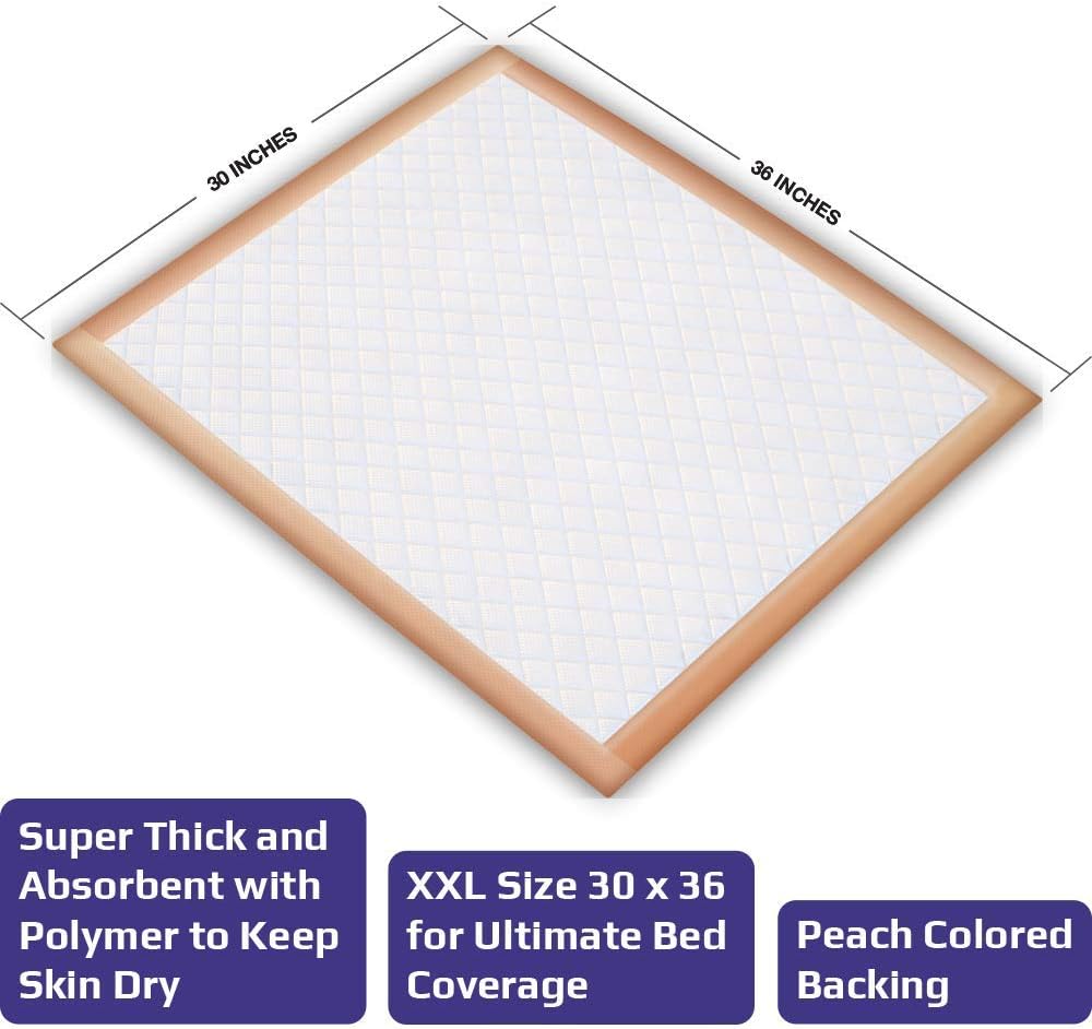 Ultra Absorbency Disposable Underpads Extra Thick 100 Grams Fluff with Polymer XL Size 30 X 36, Peach, 50Count
