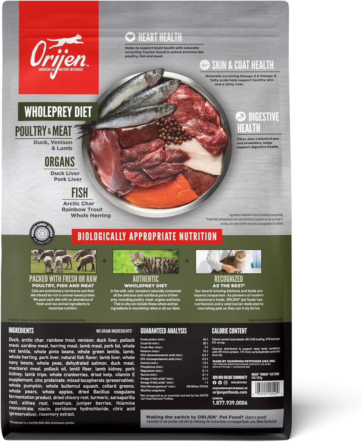 ORIJEN Grain Free High Protein Premium Dry Cat Food Tundra Recipe 4lb Bag