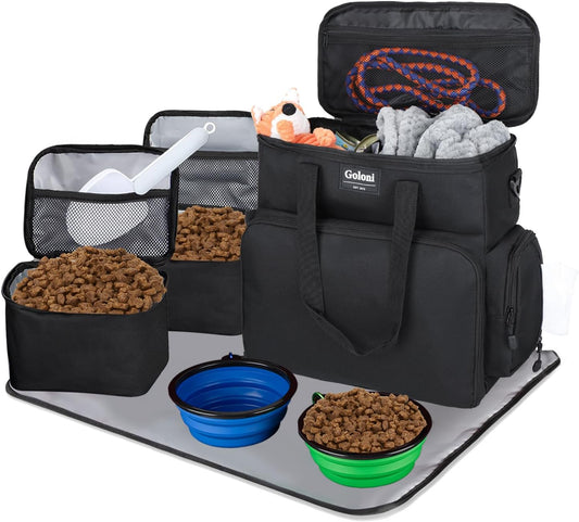 Dog Travel Bag Airline Approved–Pet Travel Tote with Collapsible Bowls,Food Containers & Feeding Mat–Multi-Pocket Organizer for Dogs & Cats, Durable & Water-Resistant for Hiking,Trips,Outdoors