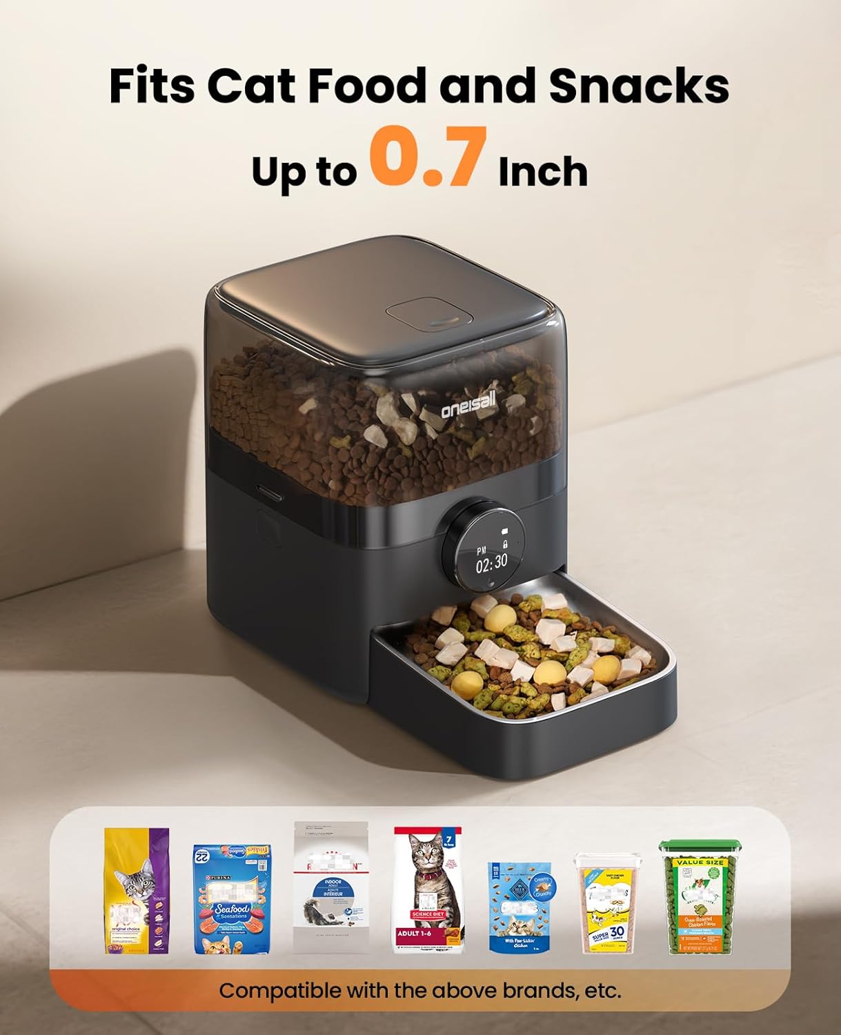 oneisall Automatic Cat Feeder for Large Kibble and Snacks, 12 Cups/3L Timed Pet Feeder for Cats Indoor, Programmable Dry Food Dispenser (Black)